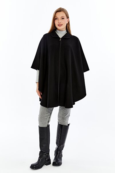 panşalço Gömlek Yaka Fermuarlı Triko Panço, Panço, Çelik Örgü, Siyah, 40-50 B...