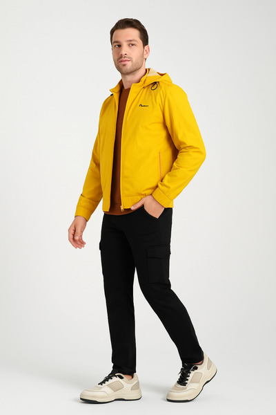 DYNAMO Men's Mustard Detachable Hooded Pockets Zippered Lined Seasonal Thin Raincoat Coat