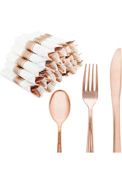 4basix 6 Set Pre-Rolled Napkin and Cutlery Set Premium Disposable Silverware Set (Rose Glod)