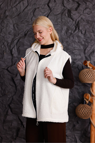 trendlina Oversize Fermuarlı Kapüşonlu Peluş Yelek