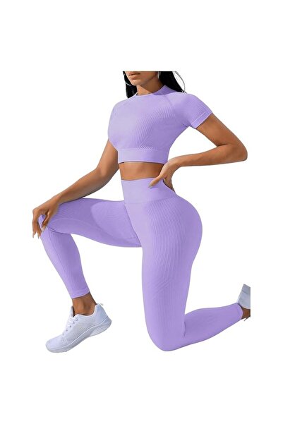 Flippy Costum de fitness/yoga pentru femei, elastic în spandex, talie înaltă, violet, mărimea M