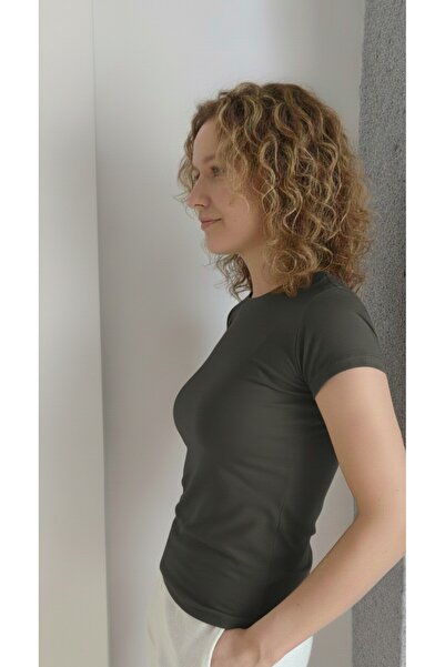 moda felinya Women's Short Sleeve Circular Neck Khaki Body (Antrasit Khaki Is Another Color)