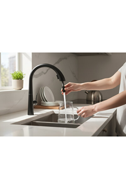 İSAOĞLU YAPI صنبور مطبخ أسود، صنبور حوض حلزوني أسود، نظام تمديد حلزوني مخفي