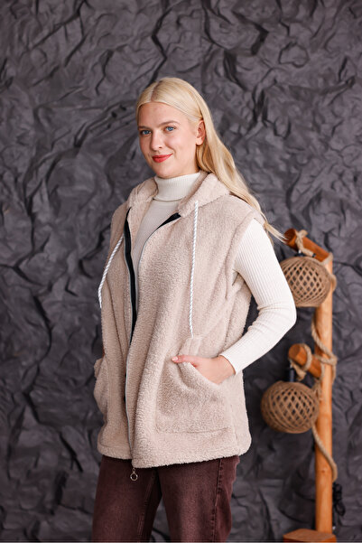 trendlina Oversize Fermuarlı Kapüşonlu Peluş Yelek