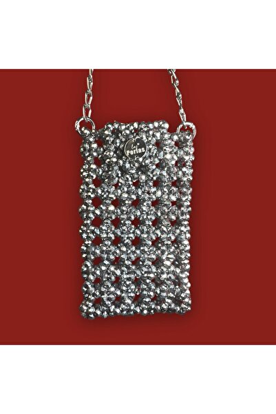 Las Perlas Gri Gümüş Renk Kristal Boncuk Tasarım Telefonluk Çapraz Askılı Cüzdan Telefon Çantası