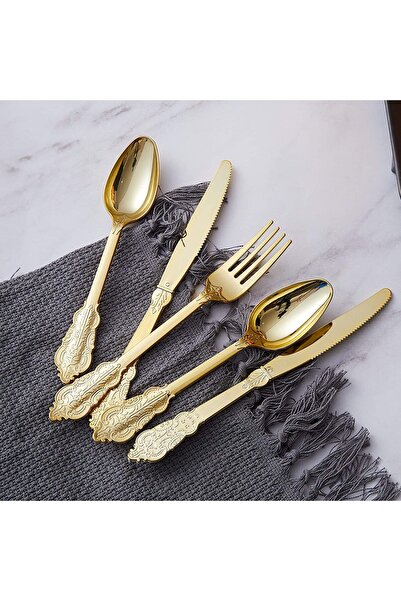 4basix Gold Plastic Cutlery Set (12) - Disposable Forks, Knives & Spoons