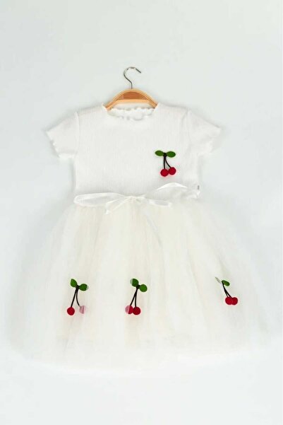 dinamik çocuk Kız Çocuk Kirazlı Kısa Kollu Tütülü Astarlı Elbise Özel Gün Doğum Günü Prenses