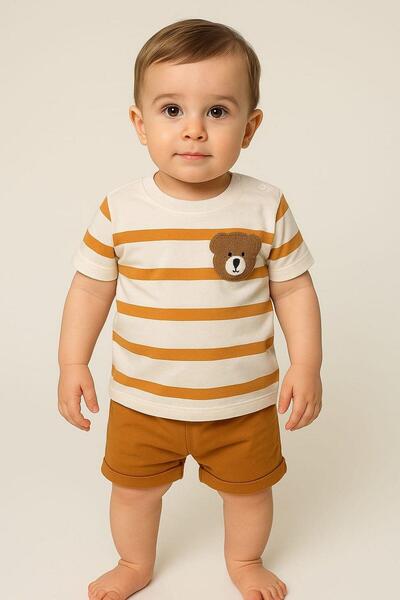 dinamik çocuk Baby Boy Striped Teddy Bear Embroidered 2-Piece Summer Set Bott...