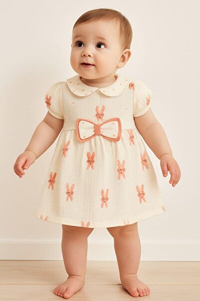 dinamik çocuk Kız Bebek/Çocuk Müslin Kumaş Tavşanlı Büzgü Kol Yazlık Elbise O...