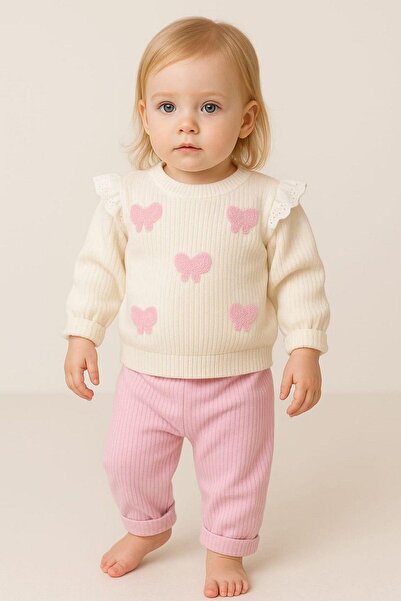 dinamik çocuk Kız Bebek Süzene Fiyonk Nakışlı Omuzdan Çıtçıtlı Bebek Takımı 2...