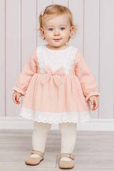 dinamik çocuk Kız Bebek Dantel Detaylı Elbise Tül Fiyonklu Uzun Kollu Mevsiml...