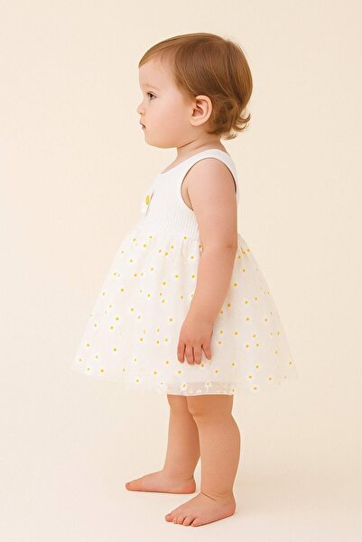 dinamik çocuk Daisy Patterned Tulle Bodysuit Girl's Dress with Ribbed, Sleeveless Summer Bottom Outfit