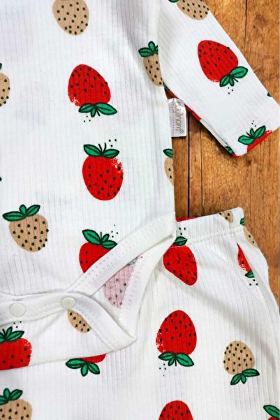 dinamik çocuk Strawberry Report Printed Ribbed Baby Girl Set with Snap Fasteners 100% Cotton 2-Piece Bottom Top 0-3-6-9Months