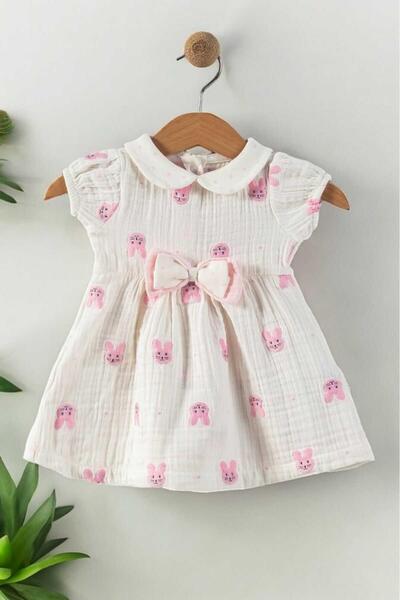 dinamik çocuk Kız Bebek/Çocuk Müslin Kumaş Tavşanlı Büzgü Kol Yazlık Elbise Organik