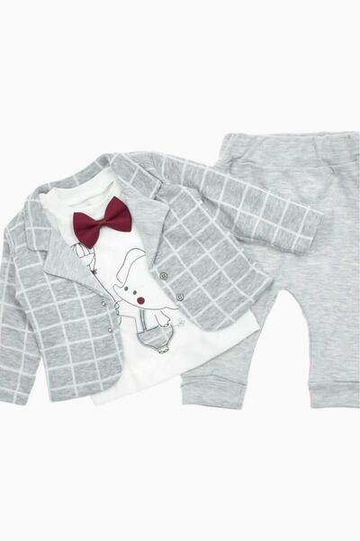 dinamik çocuk Baby Boy Holiday Bow Tie Checkered Jacket Elephant Patterned Bodysuit Newborn 3-Piece Baby Set