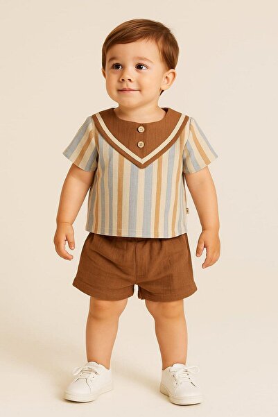 dinamik çocuk Erkek Bebek/Çocuk Üçgen Yakalı 2li Takım Ham Keten Yazlık Kumaş...
