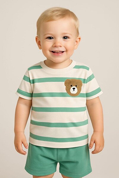 dinamik çocuk Baby Boy Striped Teddy Bear Embroidered 2-Piece Summer Set Bottom Top 6-9-12 Months