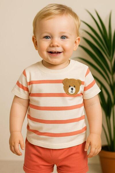 dinamik çocuk Baby Boy Striped Teddy Bear Embroidered 2-Piece Summer Set Bott...