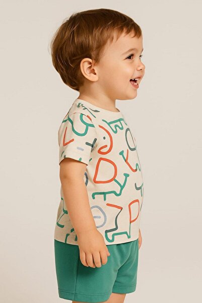 dinamik çocuk Baby Boy Elephant Patterned Colorful Elephant 2-Piece Summer Set Top and Bottom 6-9-12Months