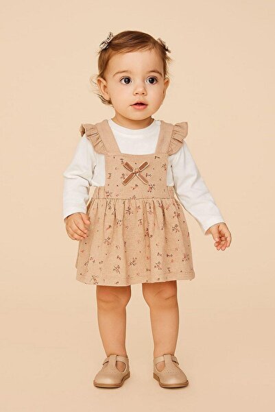 dinamik çocuk Kız Bebek Çiçek Desenli Fiyonklu Elbise Badili 2li Takım Uzun K...