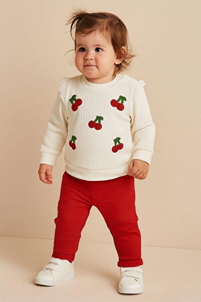 dinamik çocuk Kız Bebek/Çocuk Kiraz Nakışlı Omuzdan Çıtçıtlı Bebek Takımı 2li...