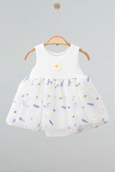dinamik çocuk Lavender Patterned Tulle Dress Corded Sleeveless Summer Bodysuit for Girls