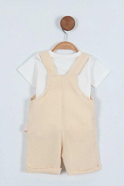 dinamik çocuk Teddy Bear Patterned Salopet and Bag with Badge for Baby Boy - 2-Piece Summer Baby Set