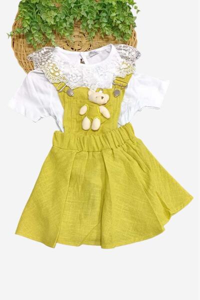 dinamik çocuk Lacy Linen Gilet Dress for Girl 2 Pieces Set - Adjustable Straps and Holiday