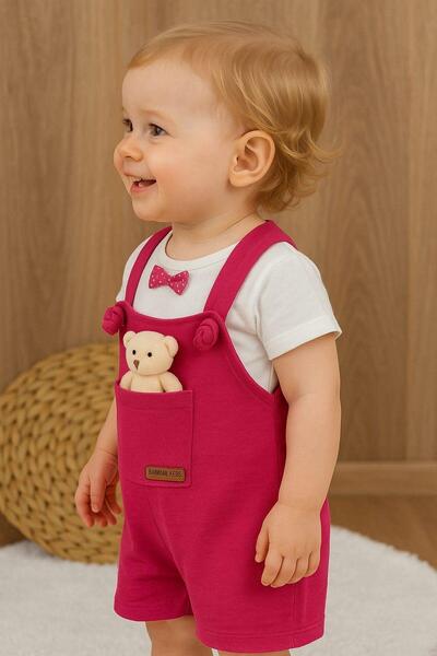 dinamik çocuk Baby Girl's Teddy Bear Patterned Baby Set with Slippers and Badi - Summer Holiday