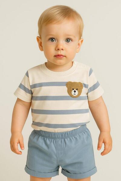 dinamik çocuk Baby Boy Striped Teddy Bear Embroidered 2-Piece Summer Set Bott...