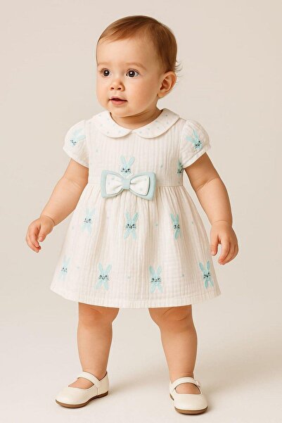 dinamik çocuk Kız Bebek/Çocuk Müslin Kumaş Tavşanlı Büzgü Kol Yazlık Elbise O...
