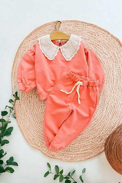 dinamik çocuk Girl's Embroidered Collar, Elastic Legs, Unprinted, Ruffle Detailed, Oversize, Two-Bottom-Top Children's Set