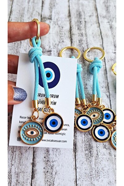 Svc Aksesuar Gift Double Evil Eye Beaded Light Blue Keychain - Bag Ornament - Bag Charm 10.5cm