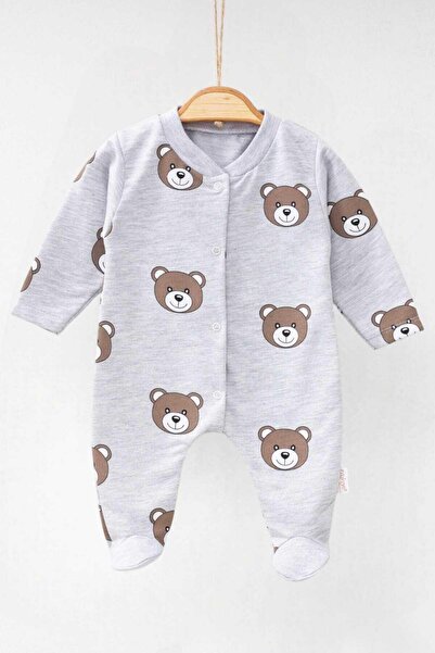 dinamik çocuk Fine Available 100% Cotton Romper for Newborn Baby Boy - Teddy Bear Print, Front Snaps