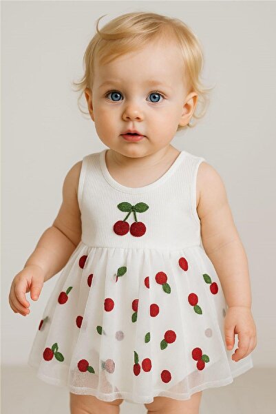 dinamik çocuk Orange Cherry Patterned Tulle Dress Top Ribbed Sleeveless Summer Bottom Snap Body Body for Girls