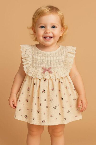 dinamik çocuk Kız Bebek Vintage Zarif Dantel Yaka Detaylı Çiçek Desenli Elbise Yazlık Şık Model 3-6-9-12-18-24ay