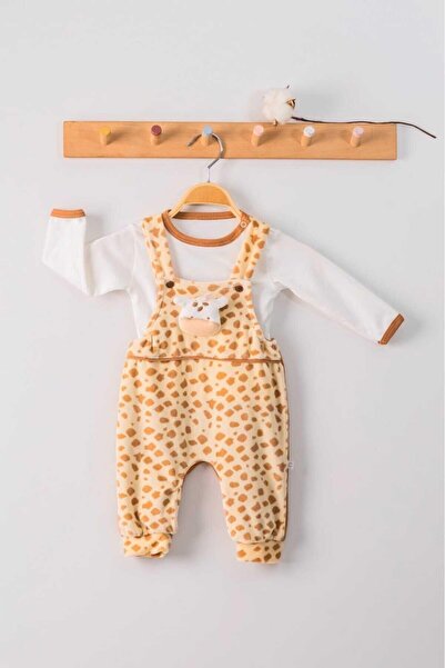 dinamik çocuk Unisex Toy Fleece Salopet - Giraffe Embroidered, Patterned, Badili, Set of 2, 0-18Months