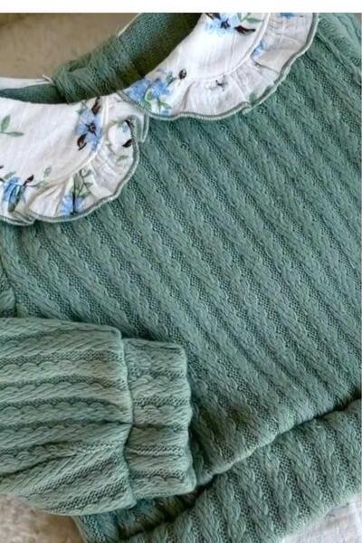 dinamik çocuk Kız Bebek Yaka Detaylı Üstü Örme İnce Triko Altı Müslin Elbise 3-6-9-12-18-24ay