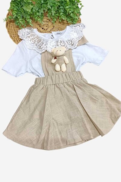 dinamik çocuk Lacy Linen Gilet Dress for Girl 2 Pieces Set - Adjustable Strap...