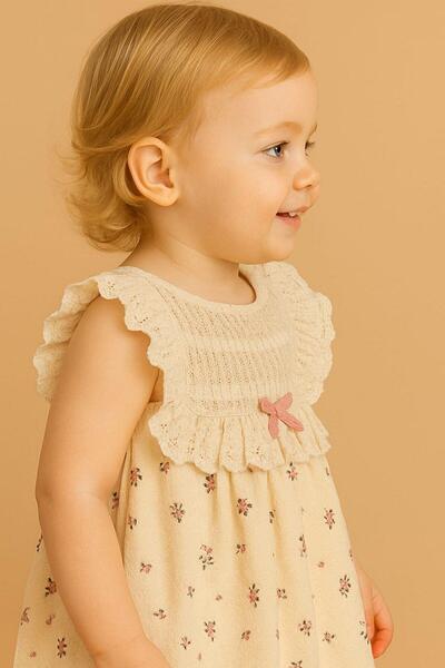 dinamik çocuk Kız Bebek Vintage Zarif Dantel Yaka Detaylı Çiçek Desenli Elbise Yazlık Şık Model 3-6-9-12-18-24ay