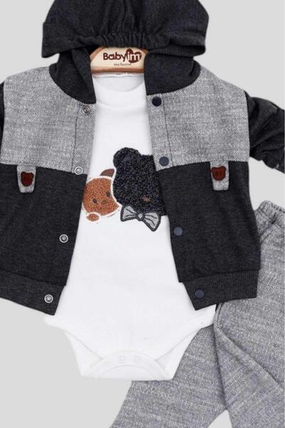 dinamik çocuk 3-Piece Seasonal Hooded and Bear Detailed Bodysuit Set for Baby Boy