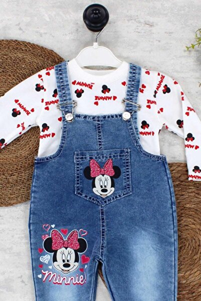 dinamik çocuk 1-4yaş Kız Çocuk Minnie Mouse Badili Baskılı Kot Salopet Tulum 2li Takım Ayarlanabilir Askılı