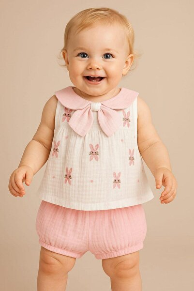 Baby Girl Summer Muslin Set Bowknot Rabbit Patterned Baby Collar Sleeveless 2pcs Tops 3-6-9-12-18-24months