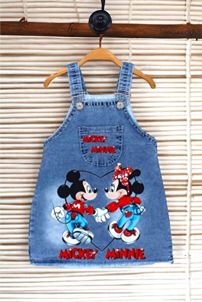 dinamik çocuk Minnie Mouse Printed Girl's Denim Dress - Jeans and Gilet Detailed