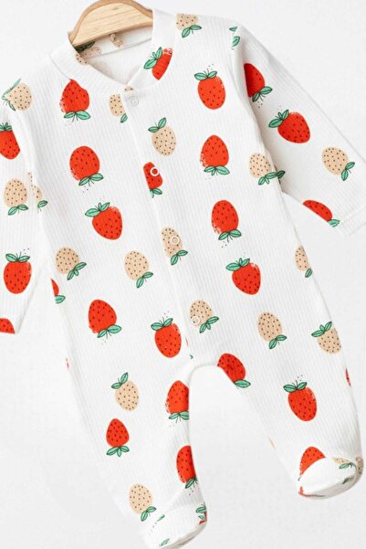 dinamik çocuk Newborn Baby Girl Romper - Strawberry Printed, Ribbed Seasonal, 100% Cotton, 3-6 Bears