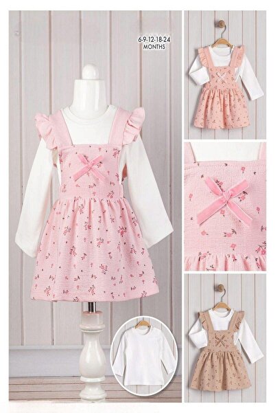 dinamik çocuk Baby Girl Floral Patterned Bow Dress with Badili 2-Piece Set Long Sleeve Undershirt 3-6-9-12-18-24Months