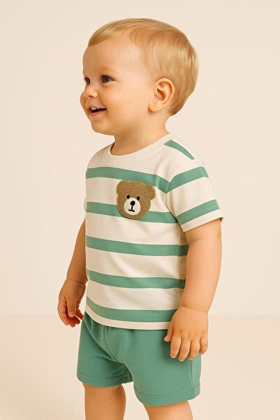 dinamik çocuk Baby Boy Striped Teddy Bear Embroidered 2-Piece Summer Set Bottom Top 6-9-12 Months