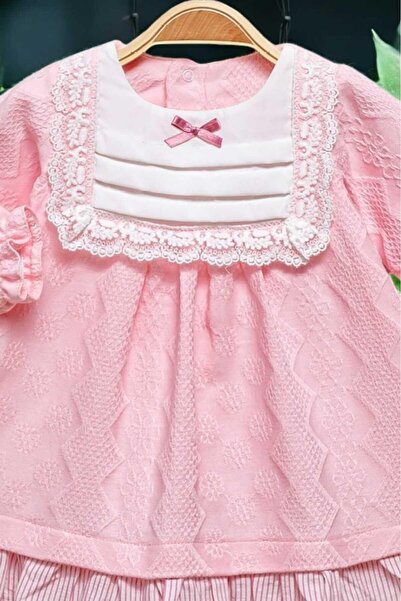 dinamik çocuk Çiçek Nakışlı Dantel Detaylı Fiyonklu Elbise 0-2 yaş Kendinden desenli kumaş