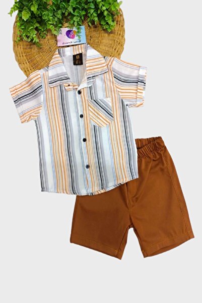 dinamik çocuk Erkek Çocuk Renkli Çizgili Yazlık Kısa Kollu Gömlek Saten Şortlu 2li Takım Bayramlık Takım/tam Kalıp