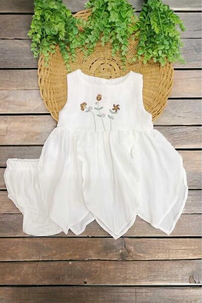 dinamik çocuk %100 Pamuk Kız Bebek/Çocuk Peri Elbise Nakışlı Eteği Parçalı + Külotlu Müslin Organik Takım